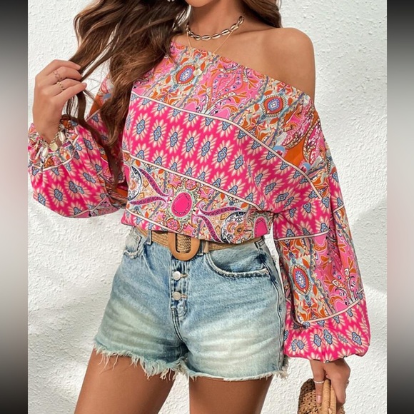 Boho floral print off shoulder lantern sleeve blouse - Picture 5 of 16